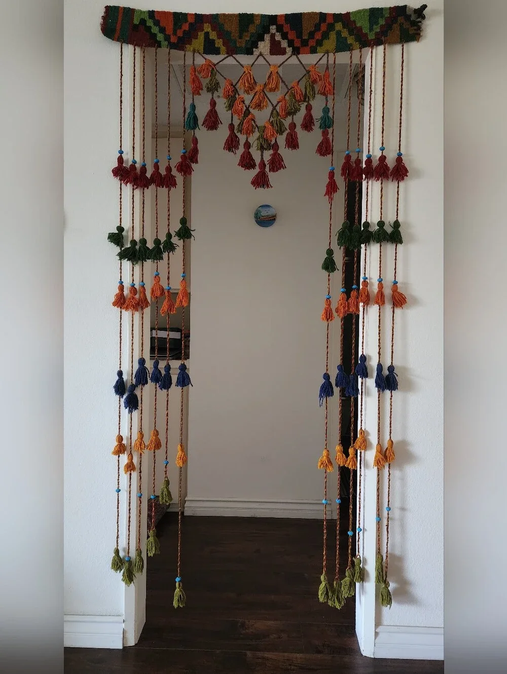 Vintage Persian Qashqai Tribal Tassel Door Hanging – 100% Wool Handwoven Kilim